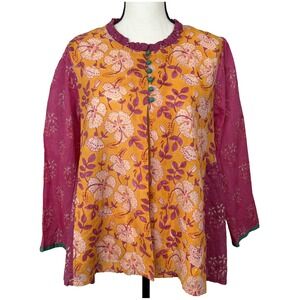 Gudrun Sjoden Tunic Top Women M Floral Ruffle Boho Organic Cotton Artsy Eclectic